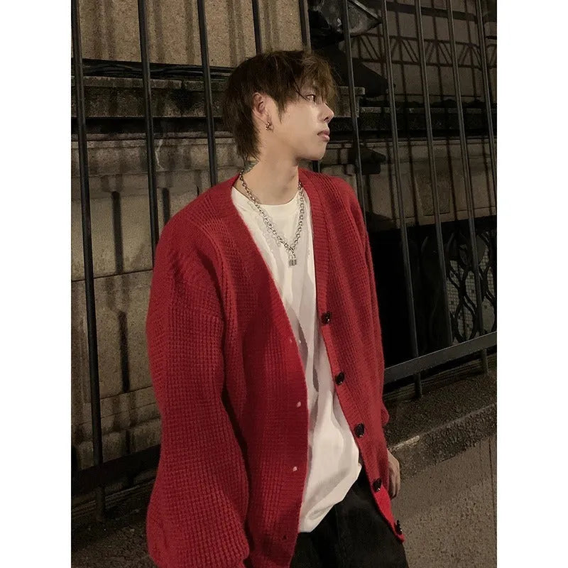Men's loose fit cotton blend V-neck cardigan in retro style solid colours