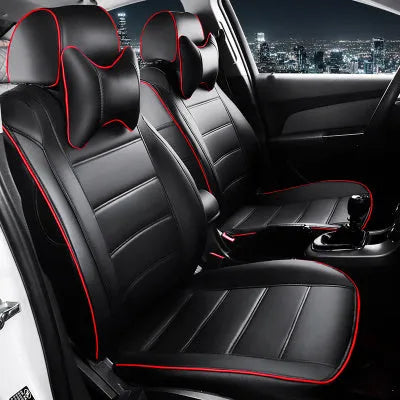 Cow leather car seat cover in beige and black with red line styles, showing binding detail