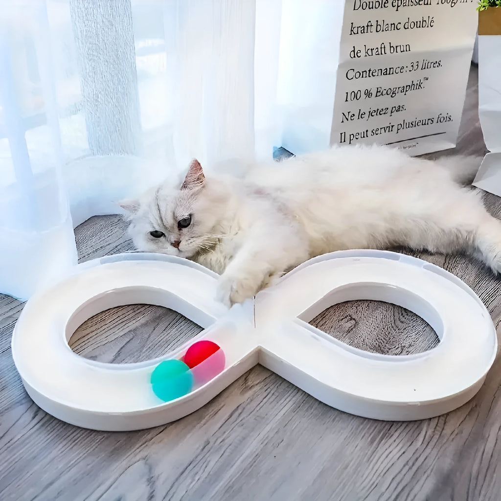 Blue and white cat turntable track toy with self-rotating ball and teasing stick