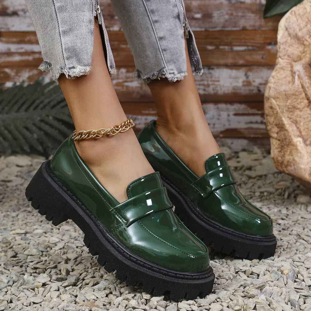 Plus size slip-on loafers with chunky platform heel in black, wine red or green colours