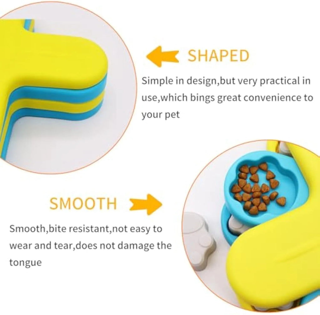 Yellow three-layer rotating dog puzzle feeder toy with claw-shaped lids on a non-slip base.