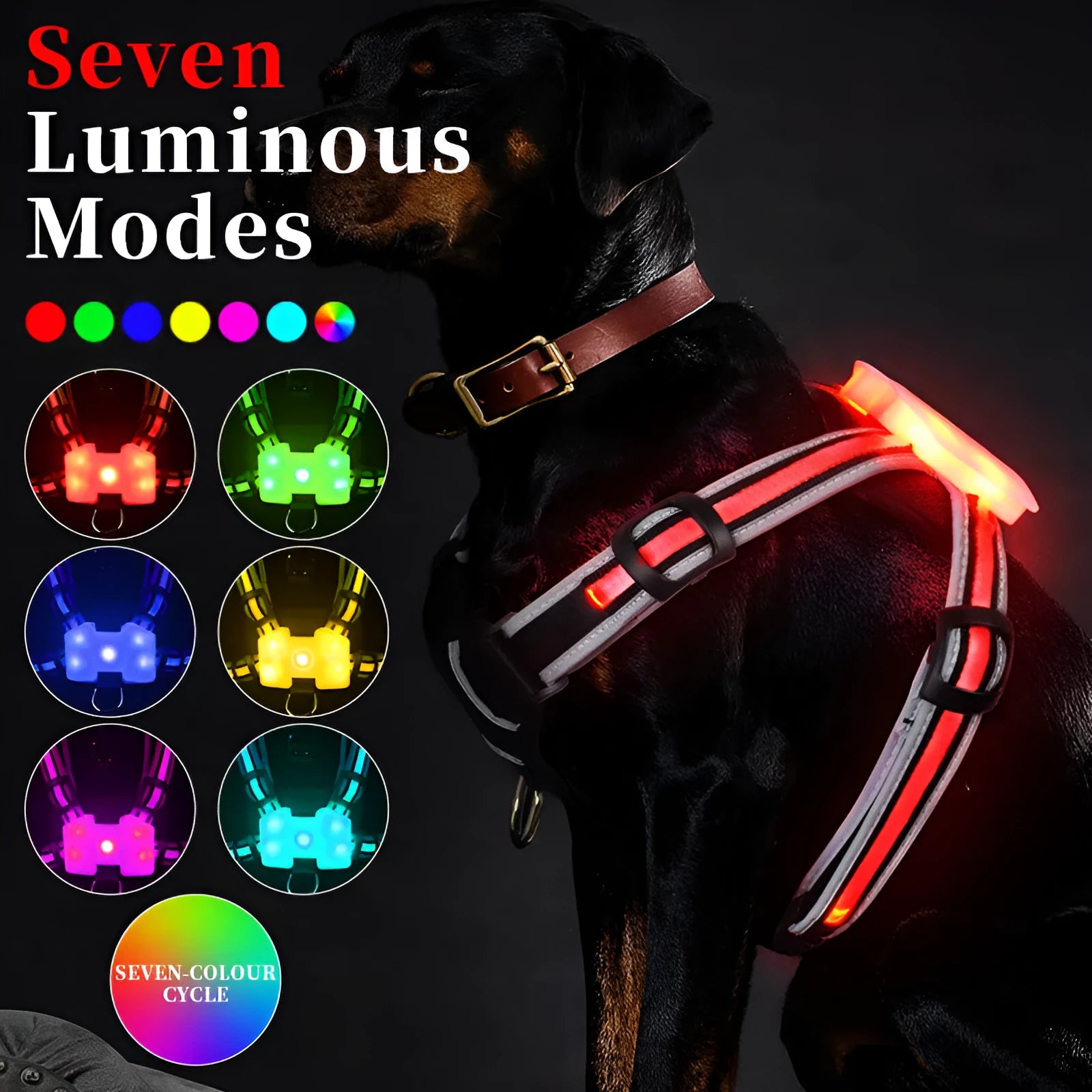 Seven-colour luminous nylon dog lead with USB charging cable for small to large breeds