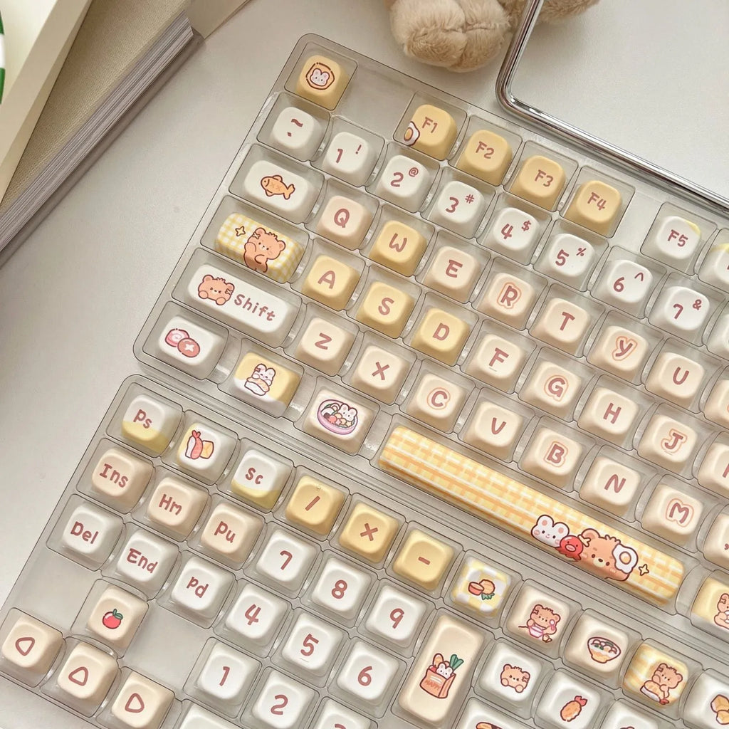 Rabbit Bear Restaurant themed PBT plastic keycap set showing detailed coloured artwork on 140 EOA height keycaps.