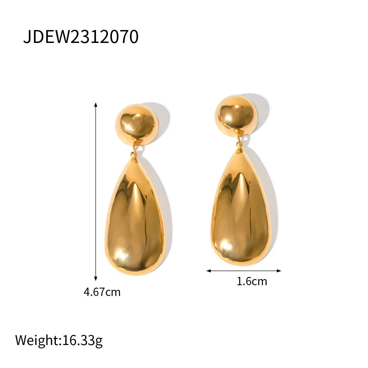 Gold electroplated stainless steel water drop pendant earrings with geometric hemisphere shapes