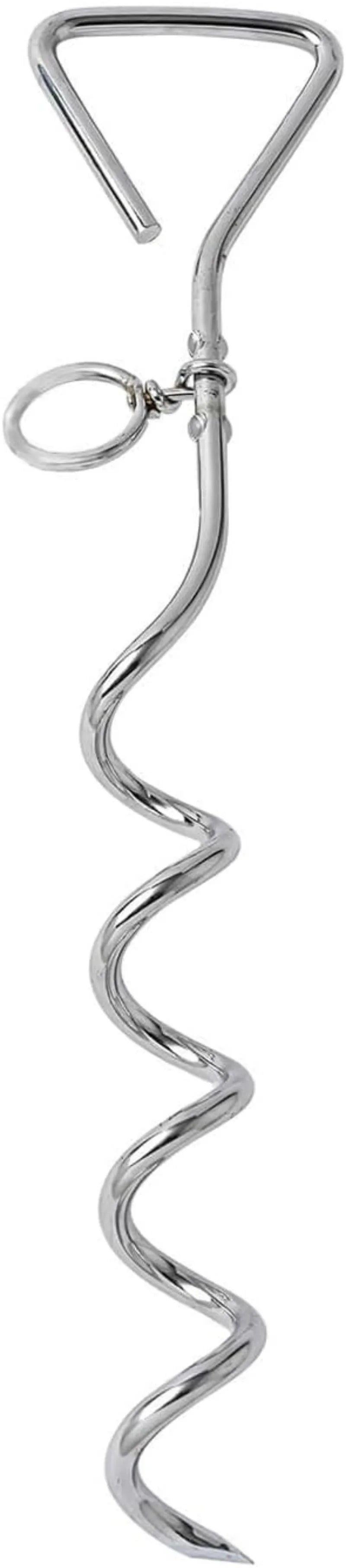 Silver spiral dog tie out stake for ground anchoring in outdoor sandy soil conditions