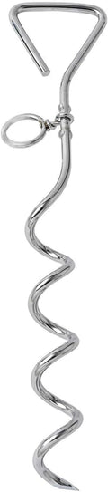 Silver spiral dog tie out stake for ground anchoring in outdoor sandy soil conditions