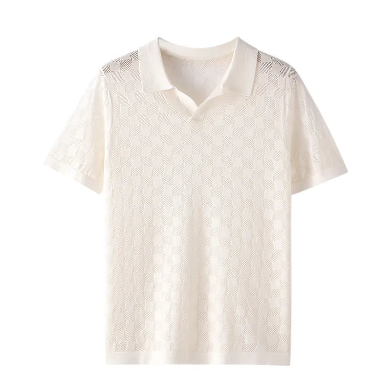 Men's mulberry silk short sleeve lapel sweater in a solid colour with Jacquard knit texture.