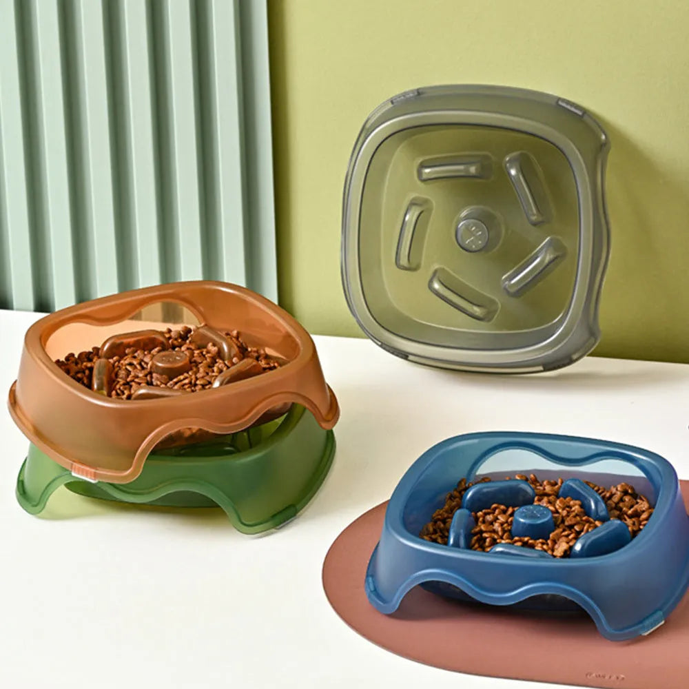 Slow feeder anti-choking dog bowl with maze pattern in blue, grey, green, or orange colour options