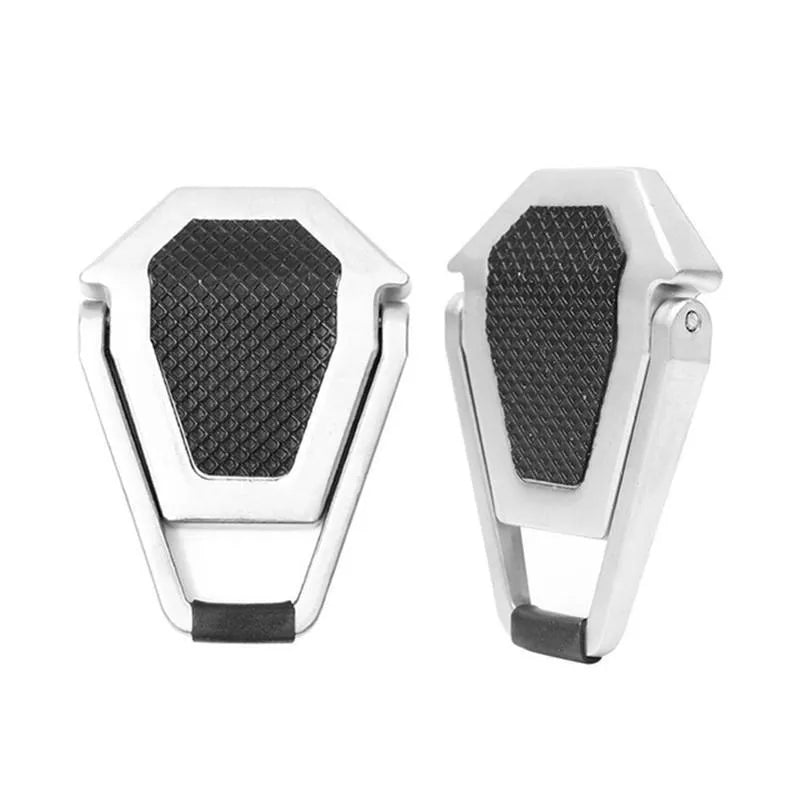 Small silver aluminium foldable computer bracket with 3M adhesive strips for laptop mounting