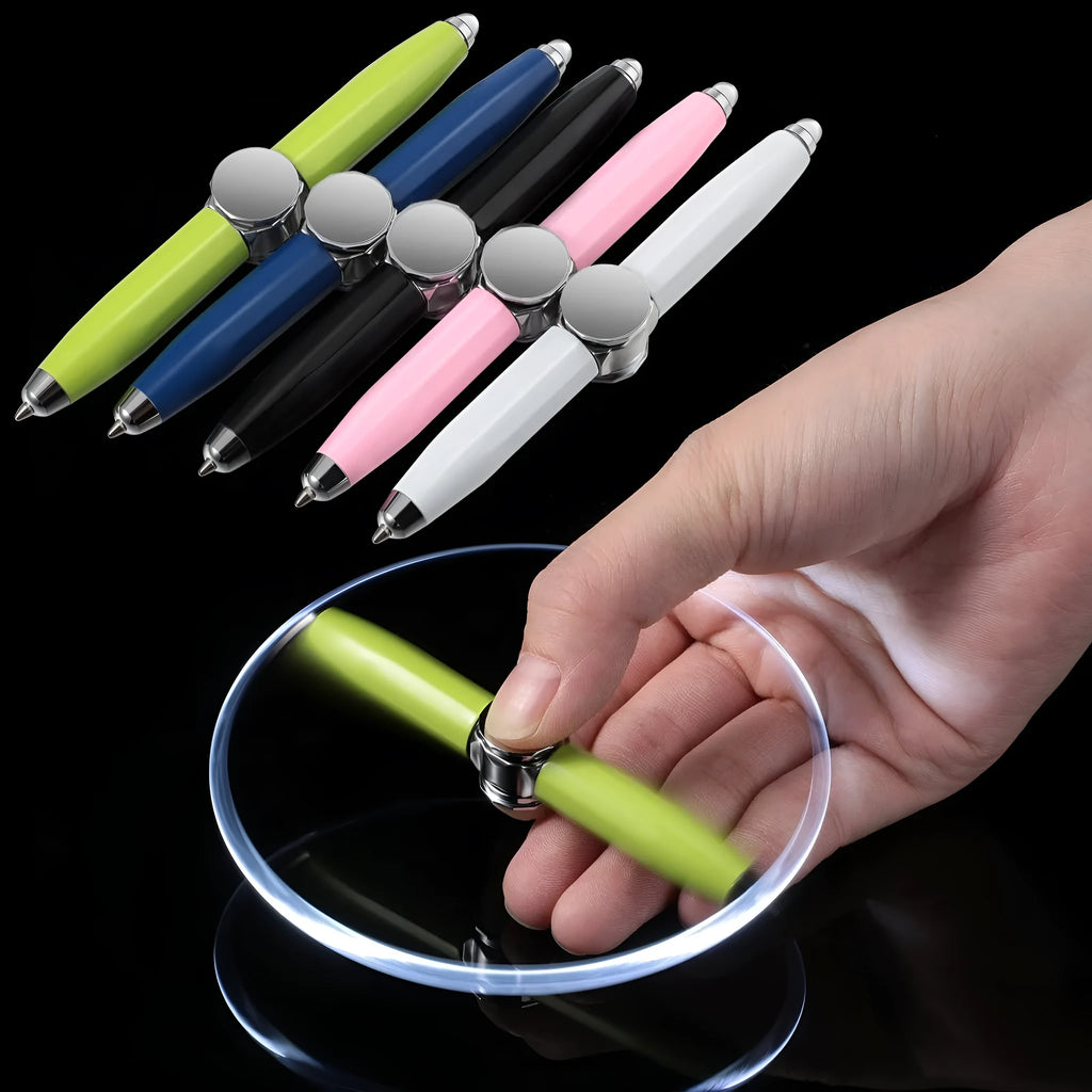 Metal gyro ballpoint pen with a spinning top, shown with multiple ink colour options.