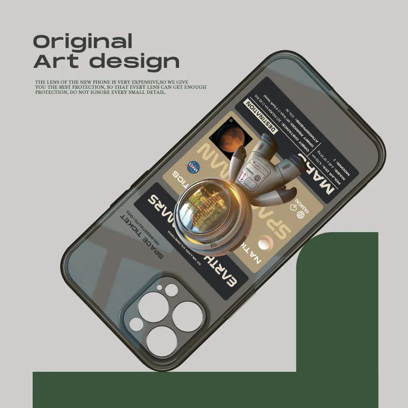 Black TPU iPhone case showing Mars Ticket design on iPhone 13 Pro Max with precise camera and port cutouts
