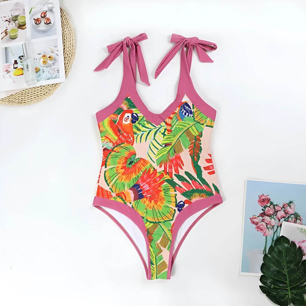 Retro pink floral print one-piece swimsuit with V-neck and covered belly thin skirt design