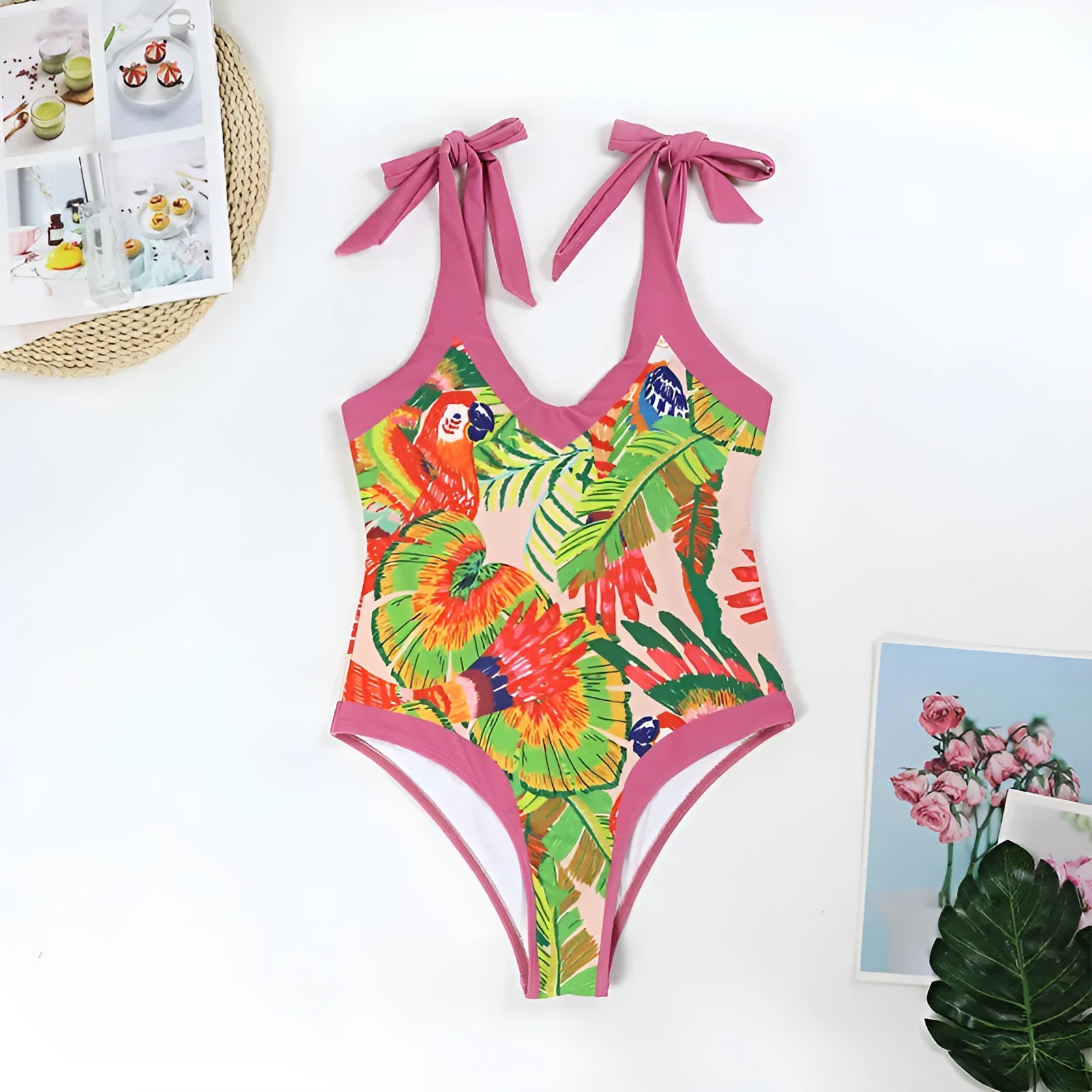 Retro pink floral print one-piece swimsuit with V-neck and covered belly thin skirt design