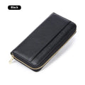 Long genuine leather women's wallet showing six colour options with anti-theft card swiping feature