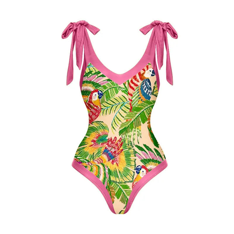 Retro pink floral print one-piece swimsuit with V-neck and covered belly thin skirt design