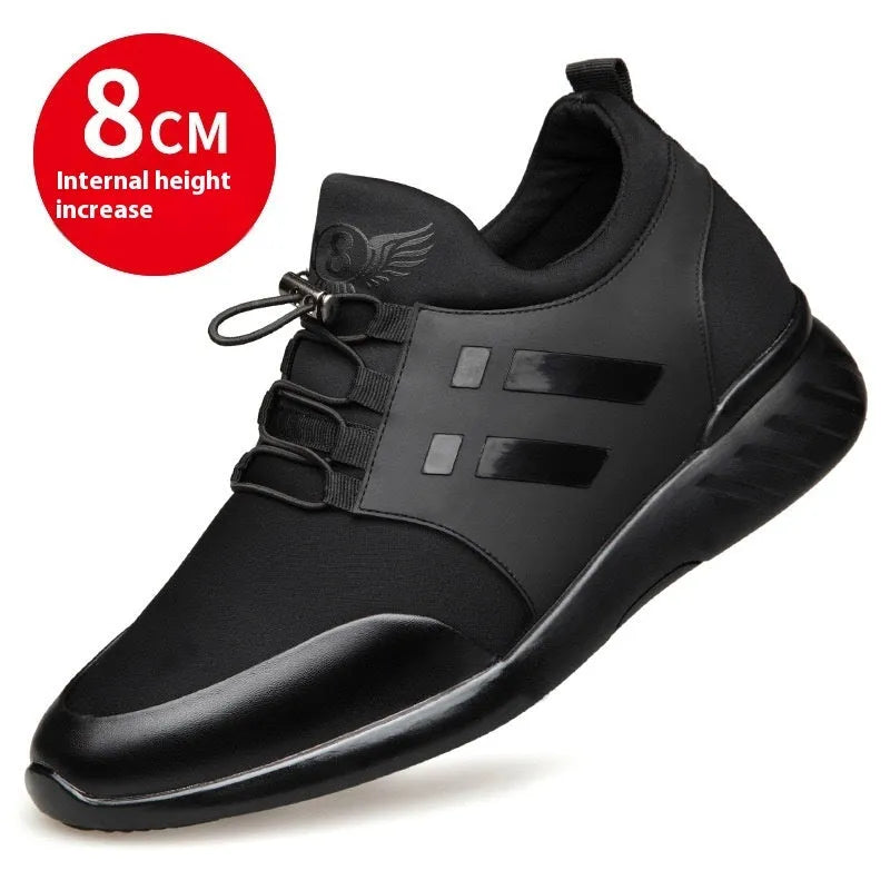 Men's black casual shoes with genuine leather upper and invisible internal height increase heel.