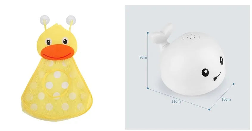Whale-shaped baby bath toy with automatic water spray and colourful lights floating in water.