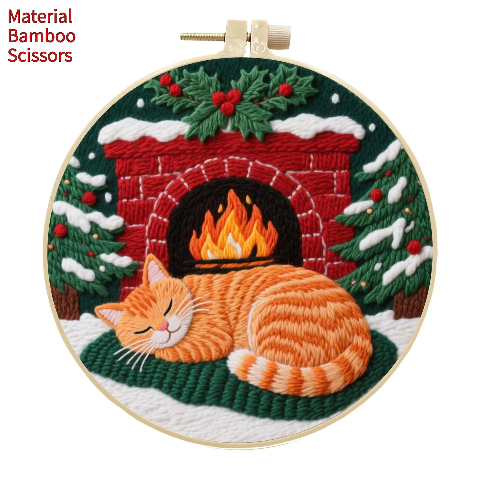 Cat embroidery DIY material package with autumn fruit designs on cotton linen fabric and 20cm bamboo frame
