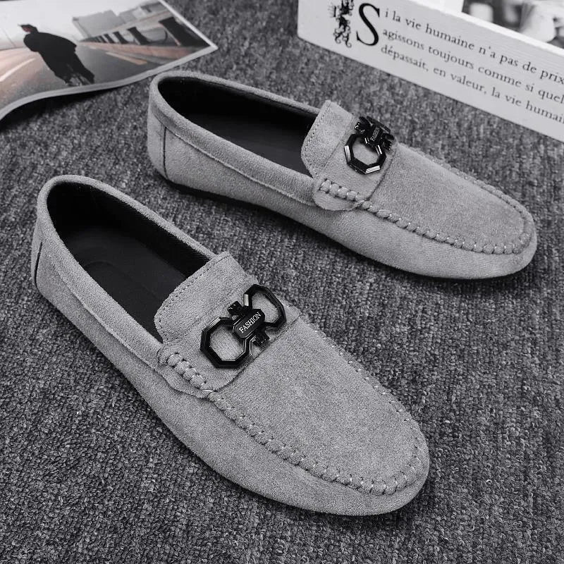 Men's black and grey suede casual shoes with leather details and rubber sole