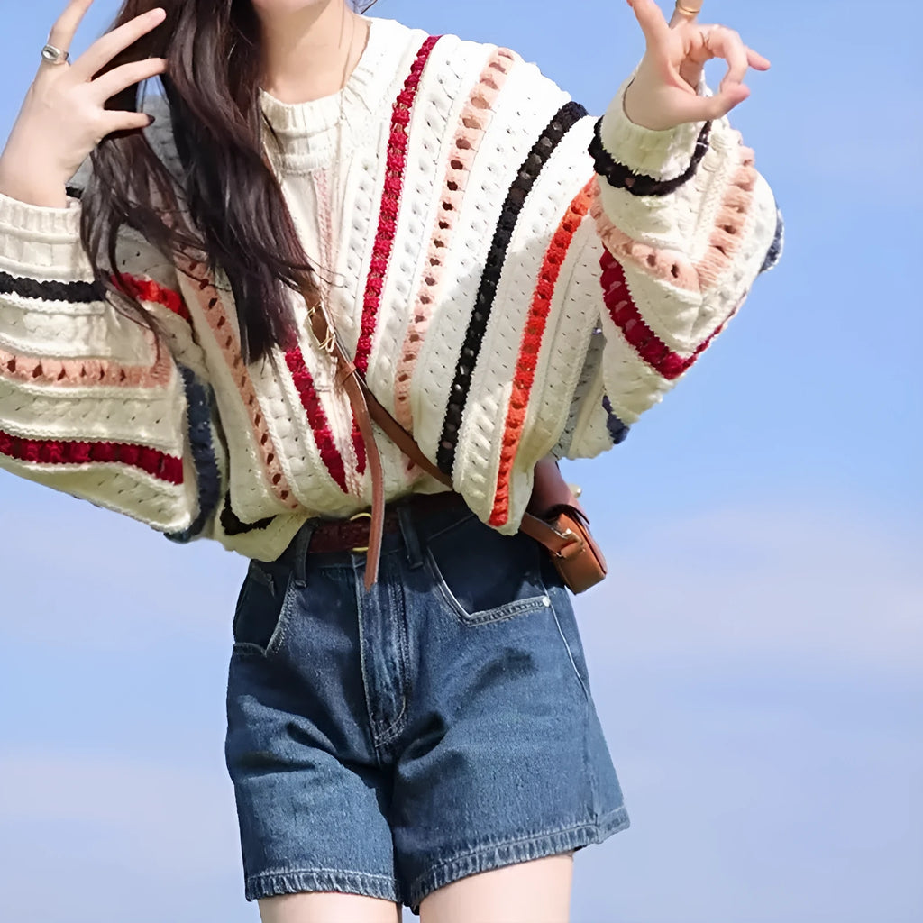 Retro rainbow striped loose pullover sweater with batwing sleeves in Japanese-Korean casual style