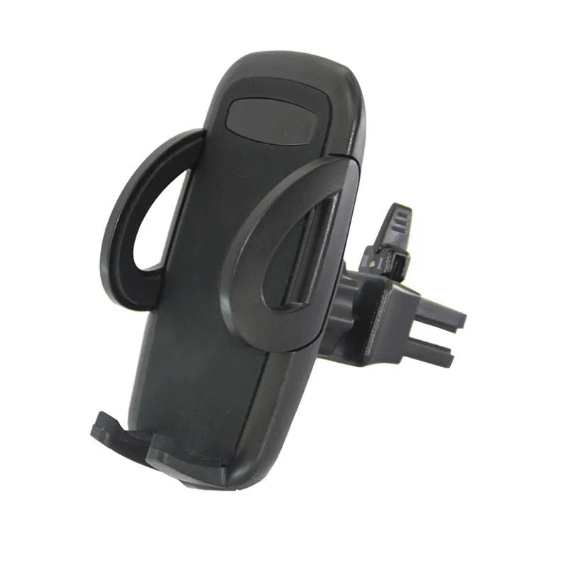 Black plastic mobile phone holder mounted on a car air conditioning vent