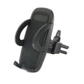 Black plastic mobile phone holder mounted on a car air conditioning vent