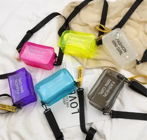 Transparent square jelly shoulder bag with adjustable strap showing mobile phone compartment