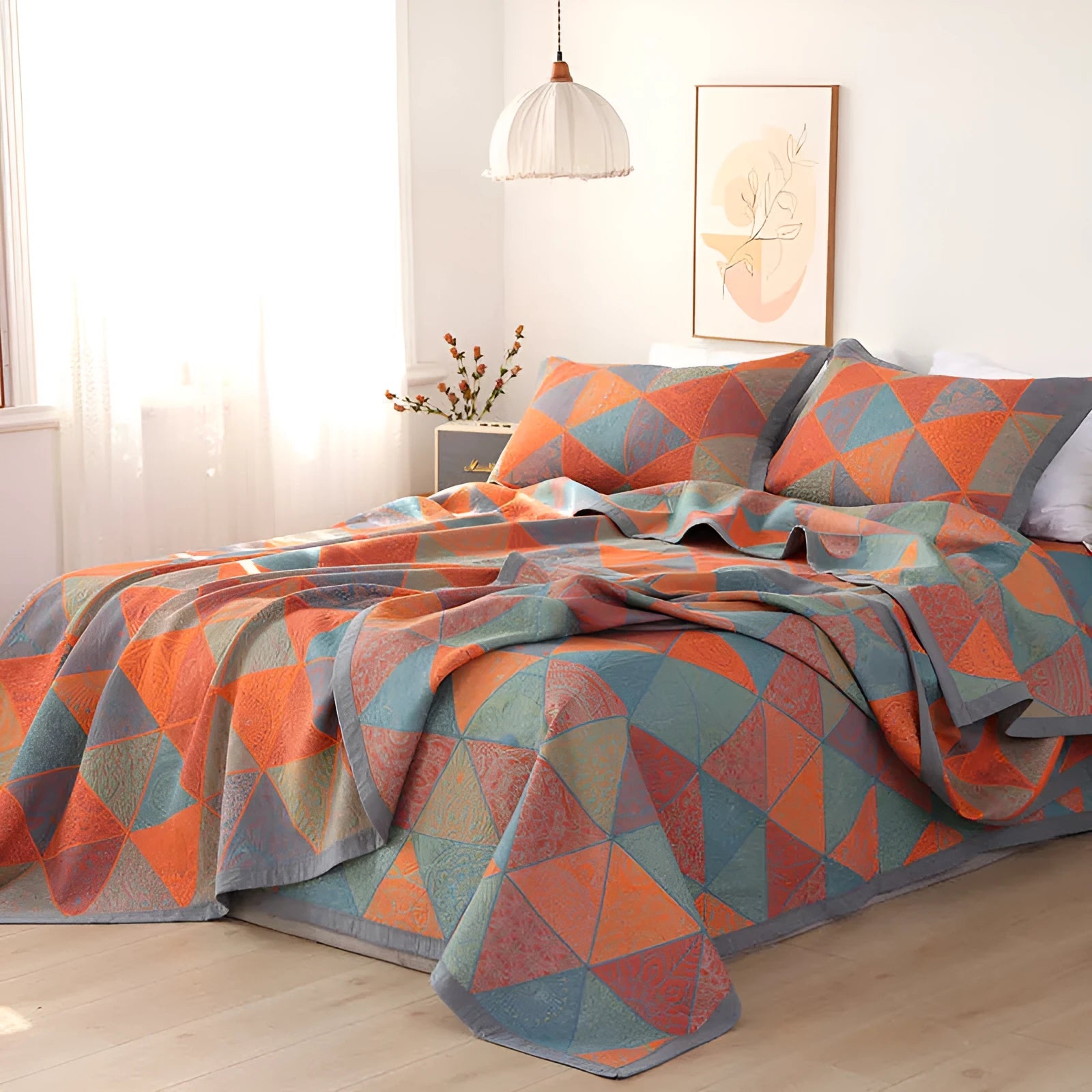 Cotton gauze bed blanket three-piece set with floral plant pattern showing blanket and two pillowcases