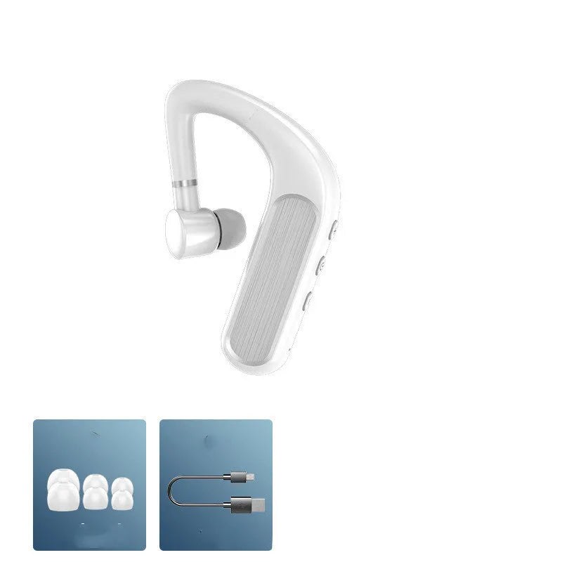 Black Bluetooth earphones with silicone ear caps, shown in hanging-ear design for running and driving