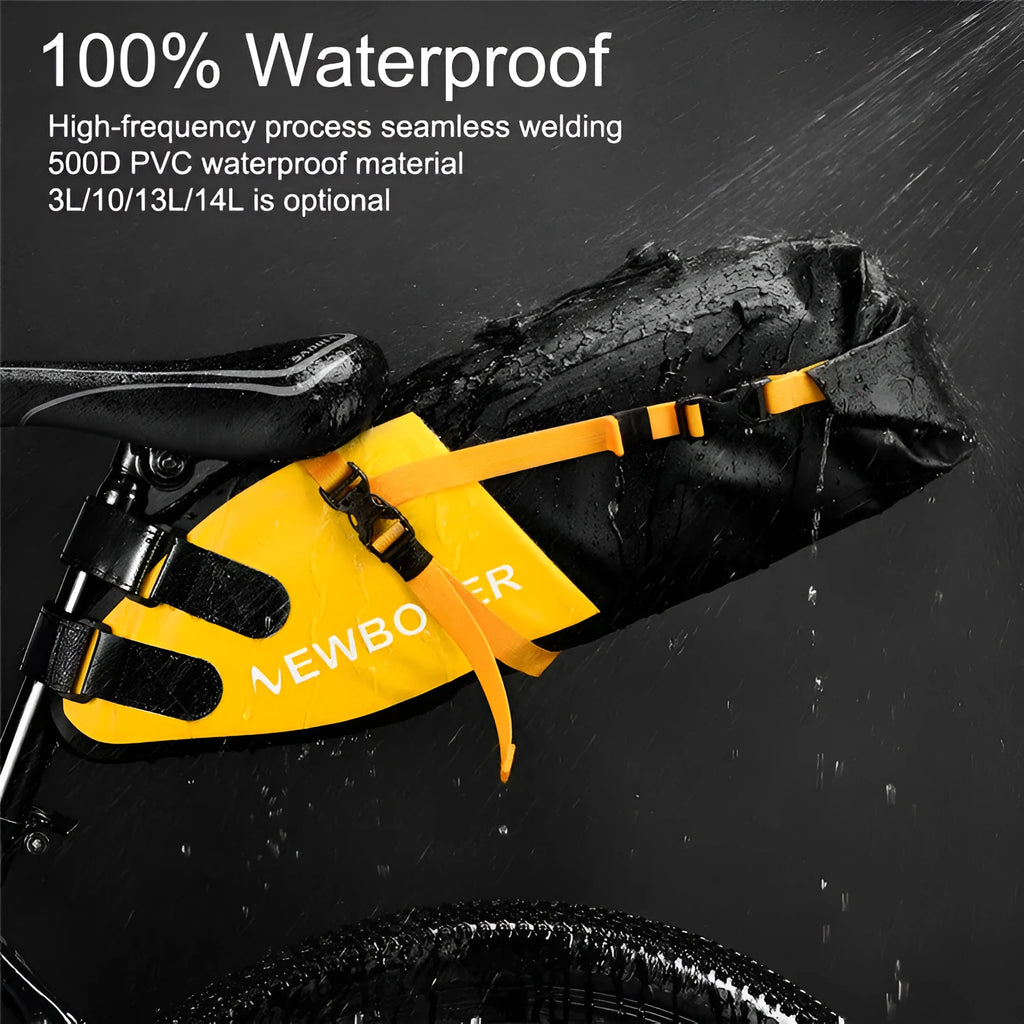 Waterproof yellow bicycle tail bag mounted on bike rear rack with 13L capacity for outdoor cycling tools.