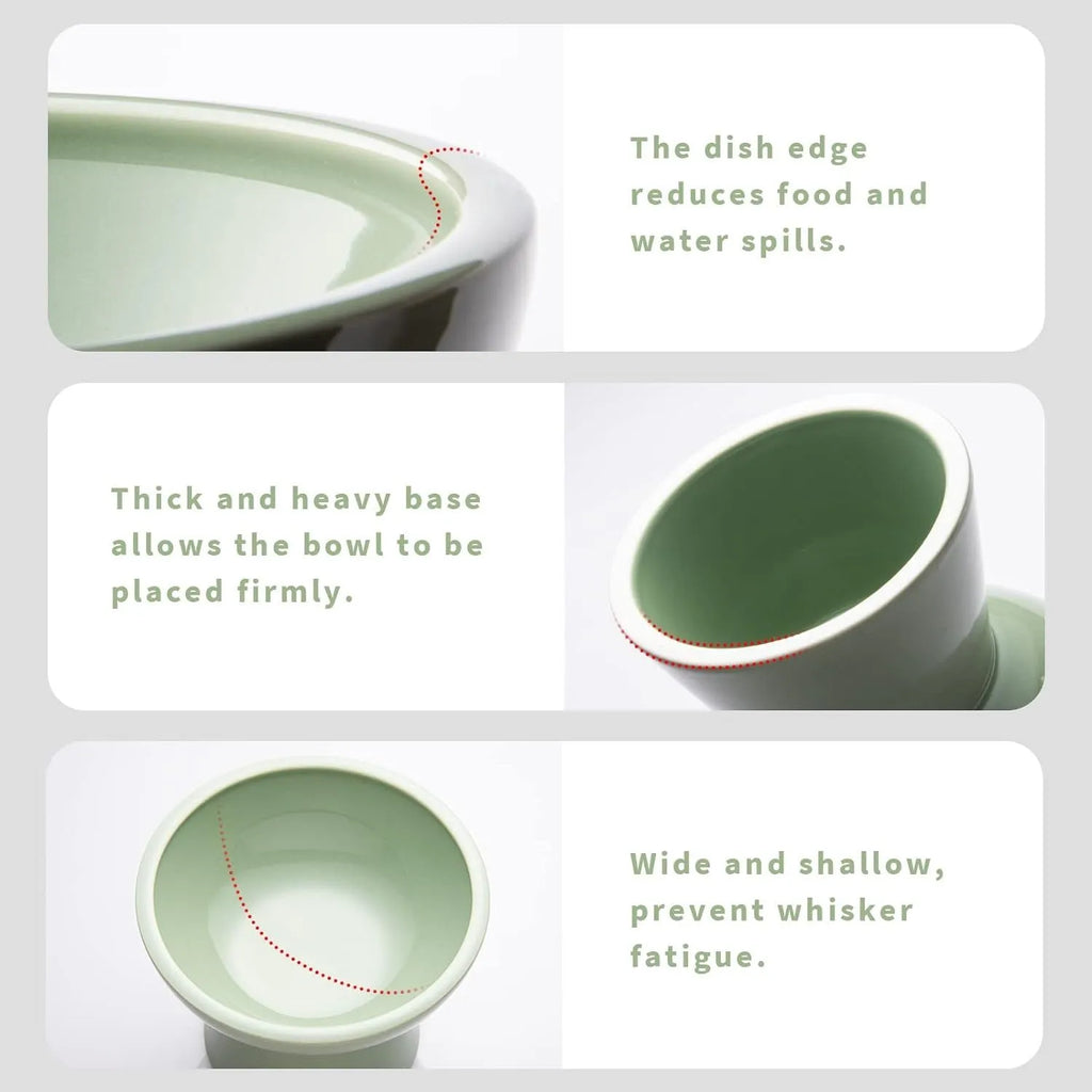 Ceramic elevated cat food bowl in blue with wide 16cm diameter and 12cm height