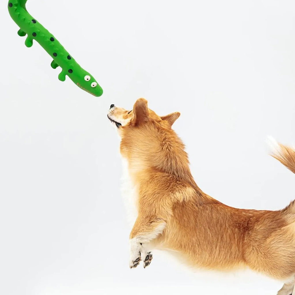 Green cartoon lizard-shaped dog chew toy with squeaker for aggressive chewers.
