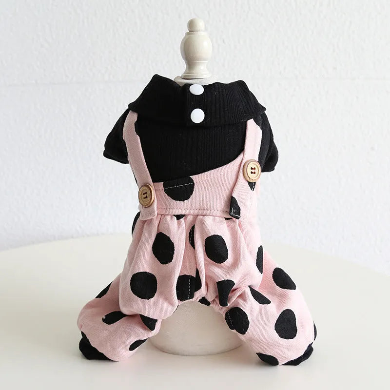 Dog wearing couple clothes with lapel and shoulder strap design in casual cloth style