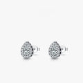 A pair of women's silver water drop shaped stud earrings on a plain background