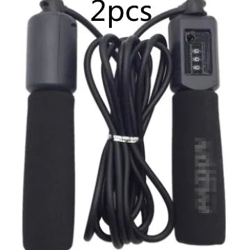 Adjustable skipping rope with blue foam handles and heavy-duty PVC cable on a grey background