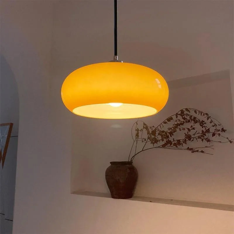 Bauhaus retro style glass pendant ceiling light with three egg tart shaped shades in milk white finish.