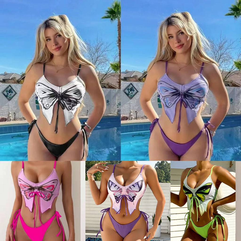 Women's purple bikini swimsuit with bow tie straps and European style briefs