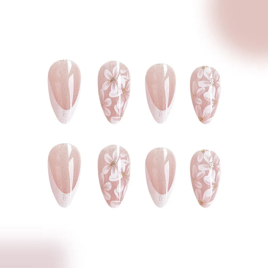 C625 short almond shaped false nails with French style glittering powder flower design