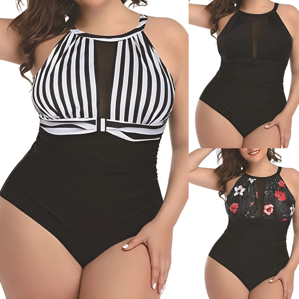 Women's black lace one-piece swimsuit on a hanger, plus size, European and American fit.