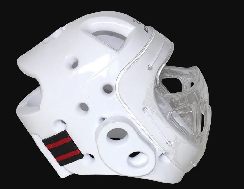 A karate helmet for boxing head protection, shown in white, blue, and red colour options.