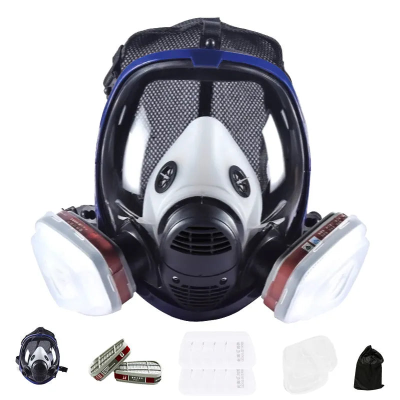 Blue edge spherical full-face gas mask with trapezoidal canister and KN95 protection