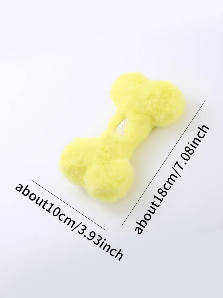 Blue love bone shaped dog plush toy with a squeaker, shown next to pink and yellow colour options.