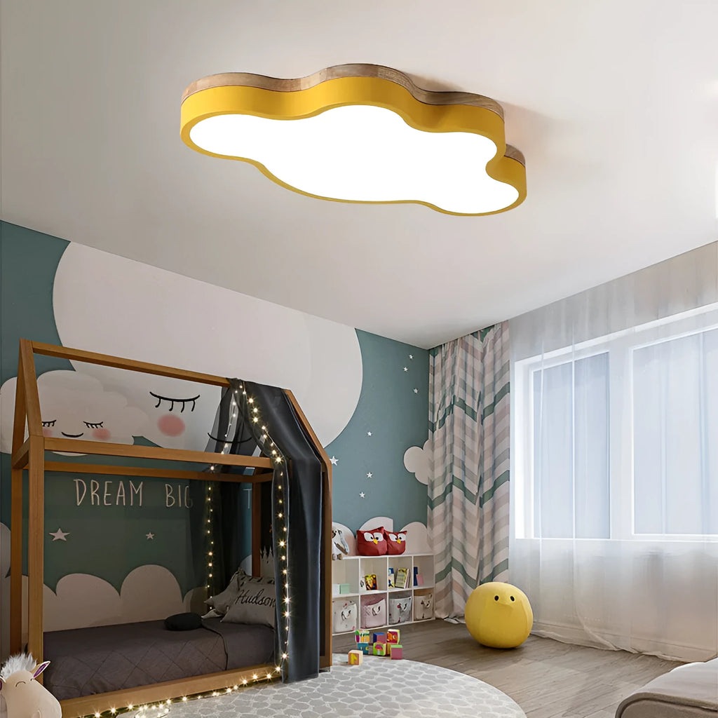 Cloud-shaped LED ceiling lamp in wooden colour with modern design