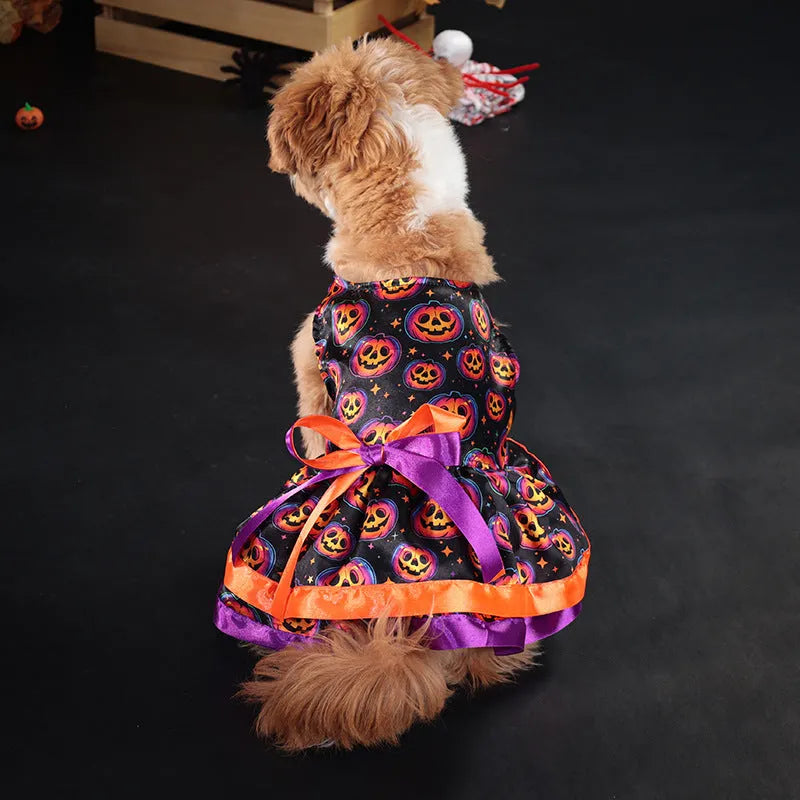 Halloween pet skirt for dogs with colourful pumpkin or skull print on double-layer polyester