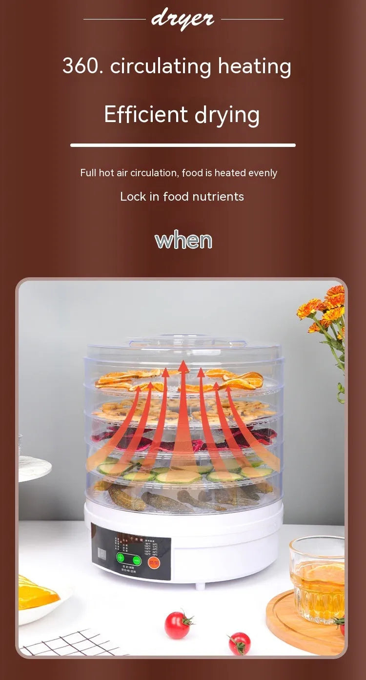 White five-layer food dehydrator with stackable mesh trays on a kitchen countertop.