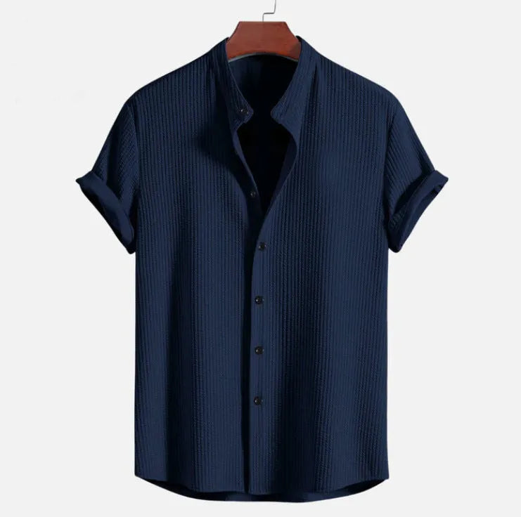 Men's loose fit short sleeve polyester shirt in multiple colour options showing Asian sizing