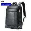 Black genuine leather business backpack with USB charging port and curved shoulder straps