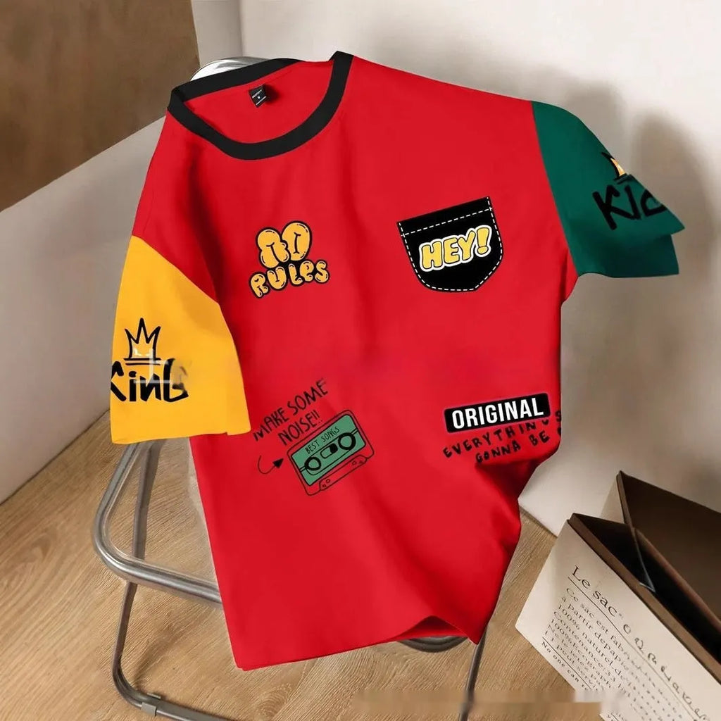 Man's loose fit casual T-shirt with printed letter design, available in multiple colour options.