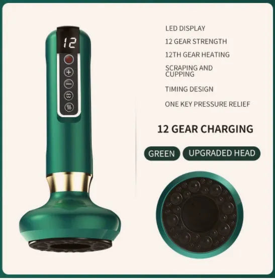 Green electric vacuum cupping massager with USB charger and instruction manual
