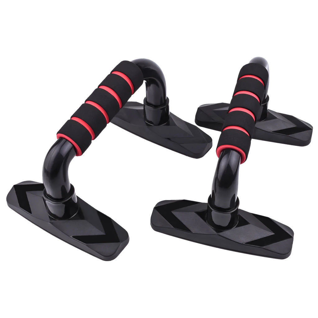 Pair of I-shaped black push up bars with textured PP sponge handles for strength training.